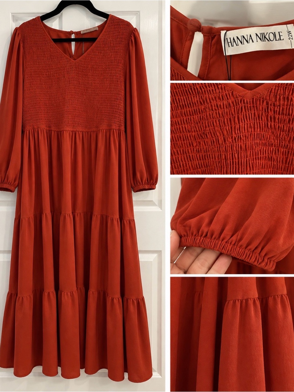 Rust Red Smocked Tiered Midi Dress